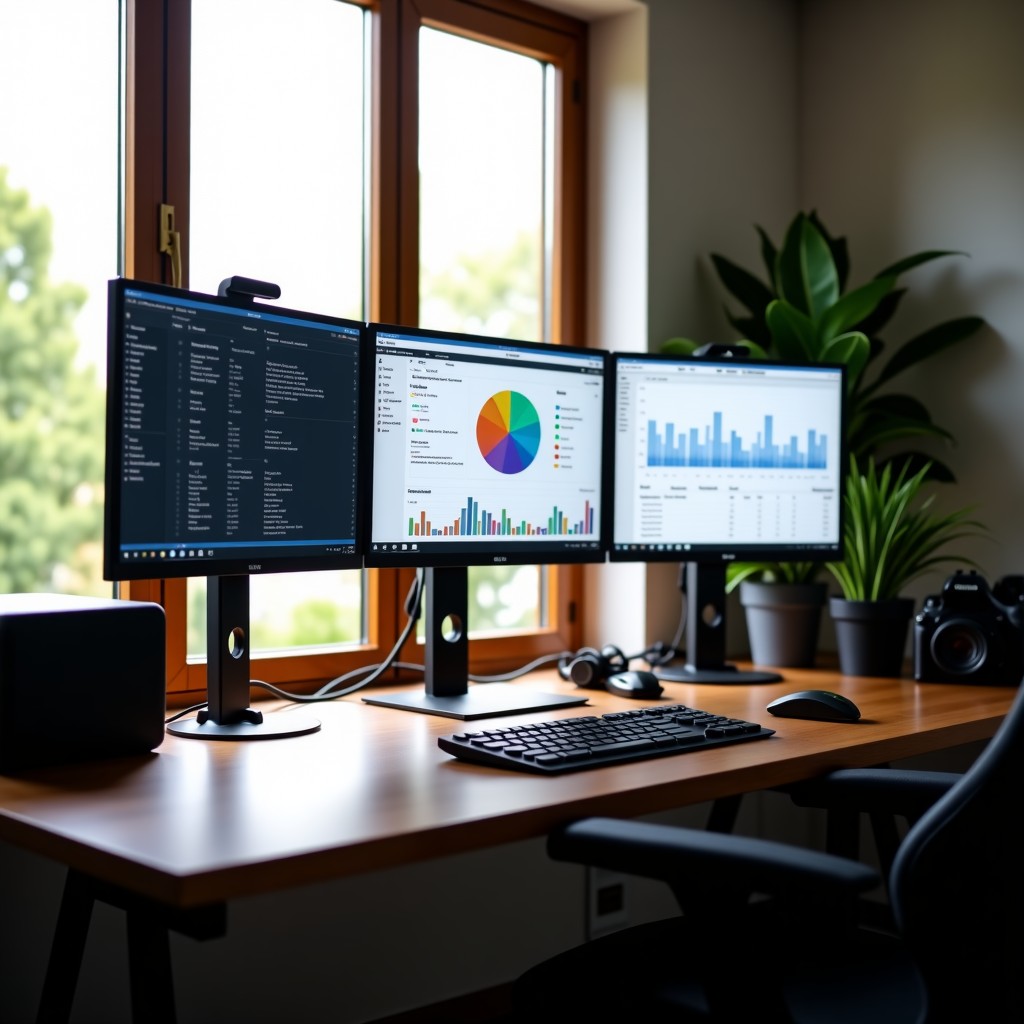 A high-end creator workspace with professional cameras, lighting, and multiple monitors showing analytics and business strategy documents. Clean, modern aesthetic, natural morning light from a window. 4:3