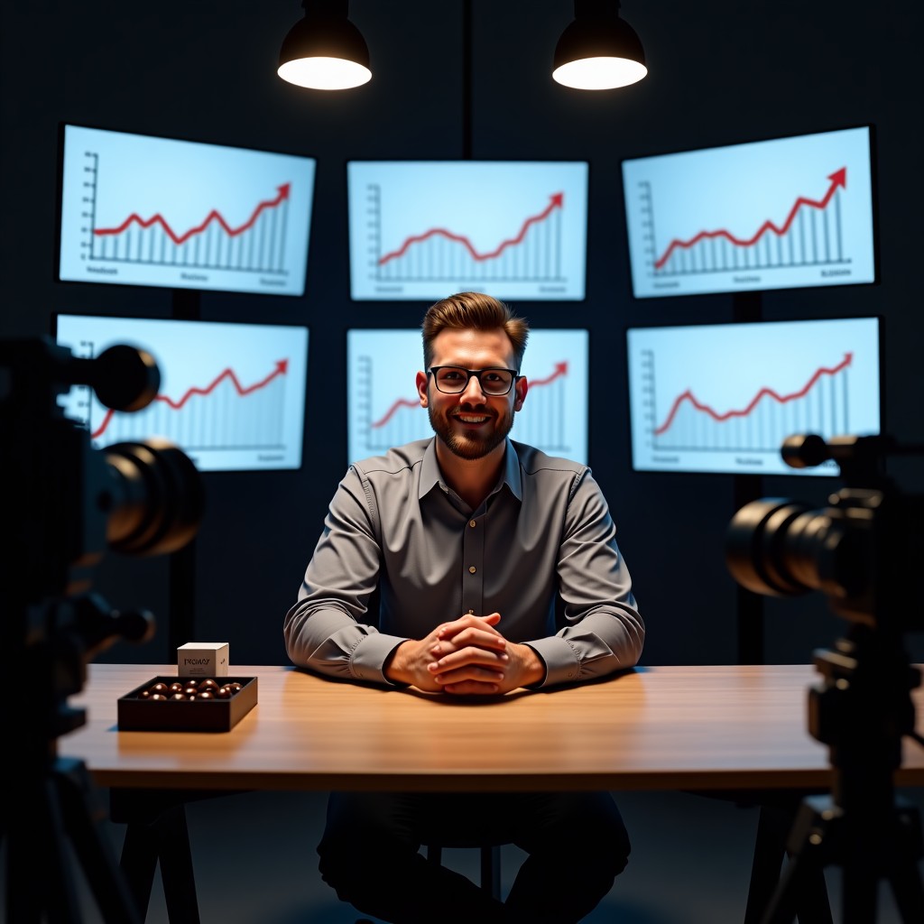 A professional content creator in a modern office studio, surrounded by high-end cameras and screens showing business growth charts, with a subtle box of branded chocolate on the desk, cinematic lighting, sophisticated atmosphere, high resolution, 4:3