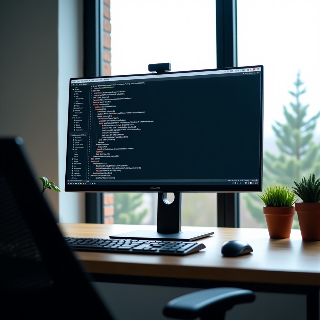 A modern software developer workspace with a large monitor showing complex code being automatically generated and analyzed. Minimalist office setting with soft natural lighting. No text. 4:3