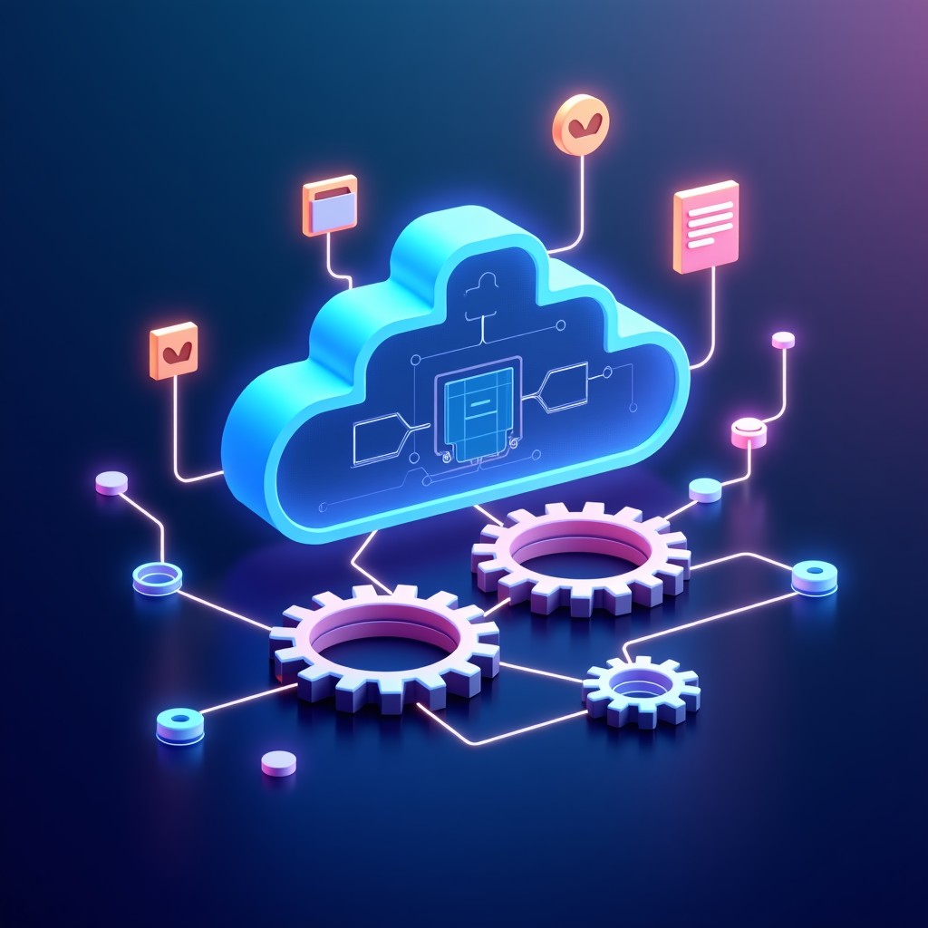An abstract representation of cloud computing nodes and digital gears working together. Deep blue and purple gradient background with glowing light trails connecting various task icons like calendar, mail, and documents. Professional infographic style. 4:3