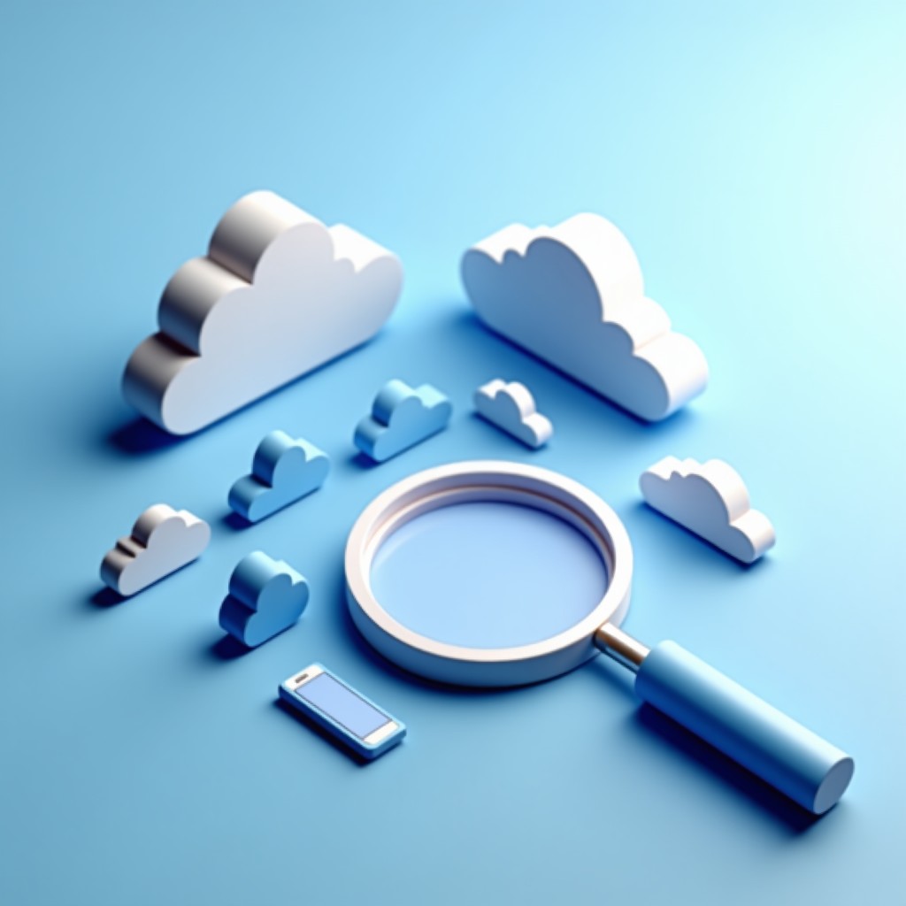 A clean 3D illustration of cloud storage icons being scanned by a glowing magnifying glass, light blue gradient background, modern tech aesthetic, 4:3