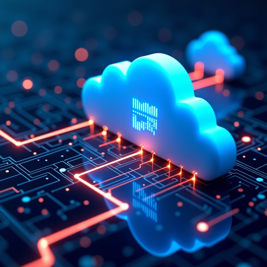 Visual representation of data flowing through cloud servers with glowing circuits and high speed connectivity lines. 4:3