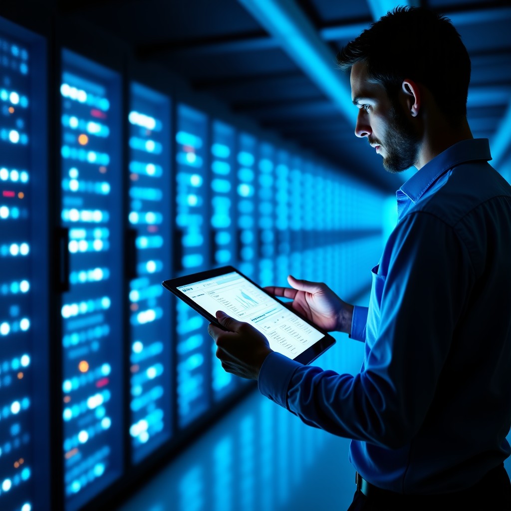 A high-tech data center with rows of server racks glowing with blue and white lights. A professional technician is holding a tablet reflecting digital data streams. Realistic photography style with depth of field. 4:3