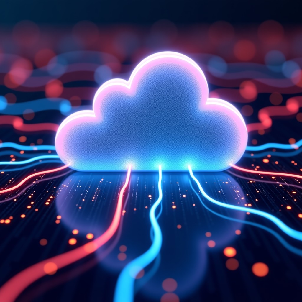 Abstract representation of global cloud server infrastructure, glowing fiber optic cables connecting futuristic data centers, vibrant colors, 4:3 aspect ratio.