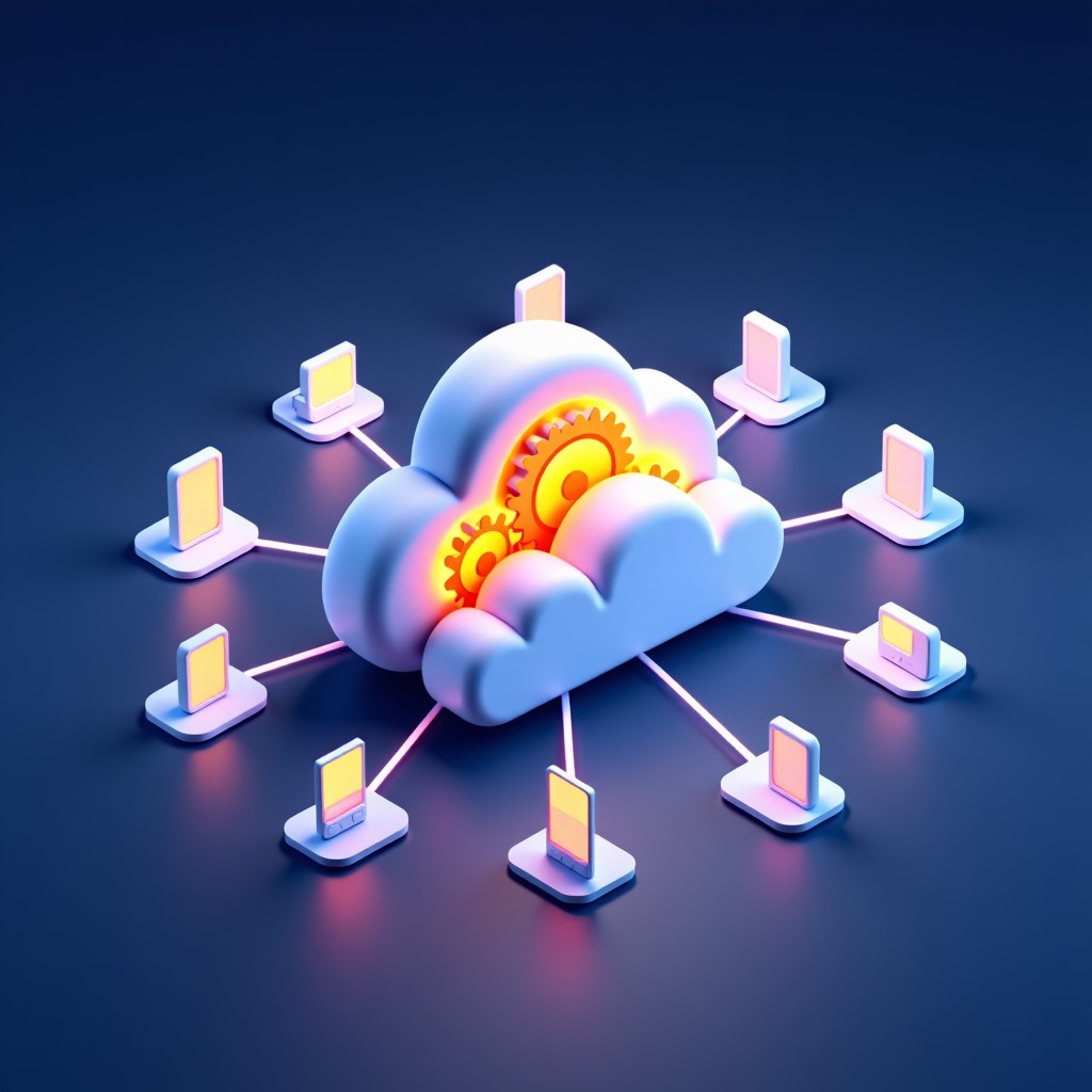 An artistic illustration of a stylized cloud in the center with golden gears inside. Multiple glowing lines extend from the cloud to different digital device icons around it. Soft blue and purple lighting. No text. 4:3