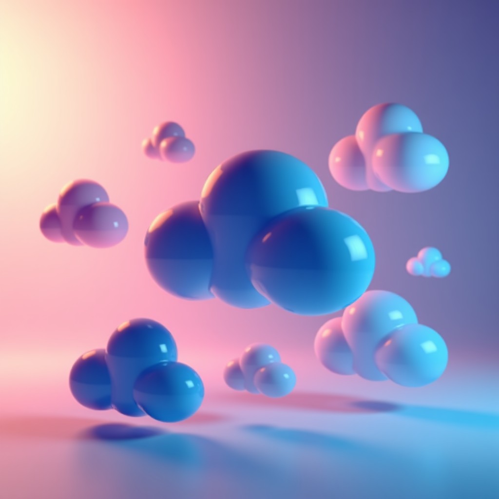 An artistic rendering of different cloud service logos represented as floating 3D glass icons over a vibrant gradient background. Modern digital art style with soft lighting and bokeh effect. 4:3