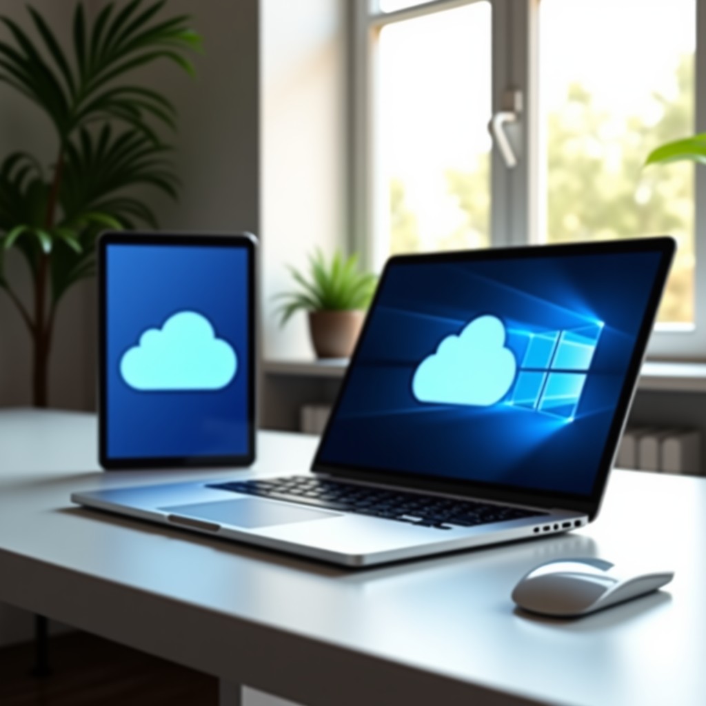 A modern home office setup with a sleek laptop and tablet showing a cloud synchronization interface. Soft natural lighting from a window, clean desk aesthetic, high-quality digital workspace photography. 4:3