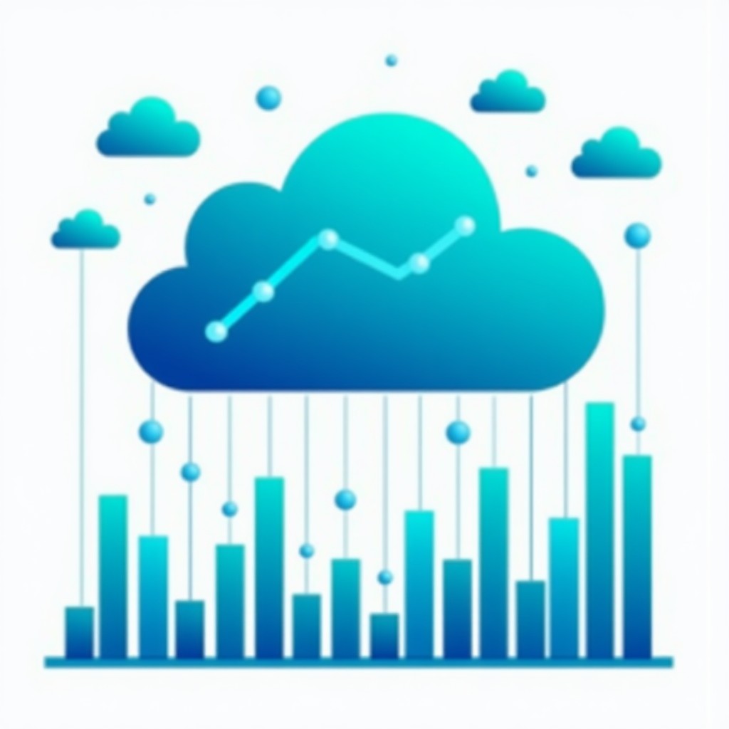Digital dashboard showing graphs of cloud computing costs and performance metrics, abstract floating data points, vibrant blue and teal colors, 1:1
