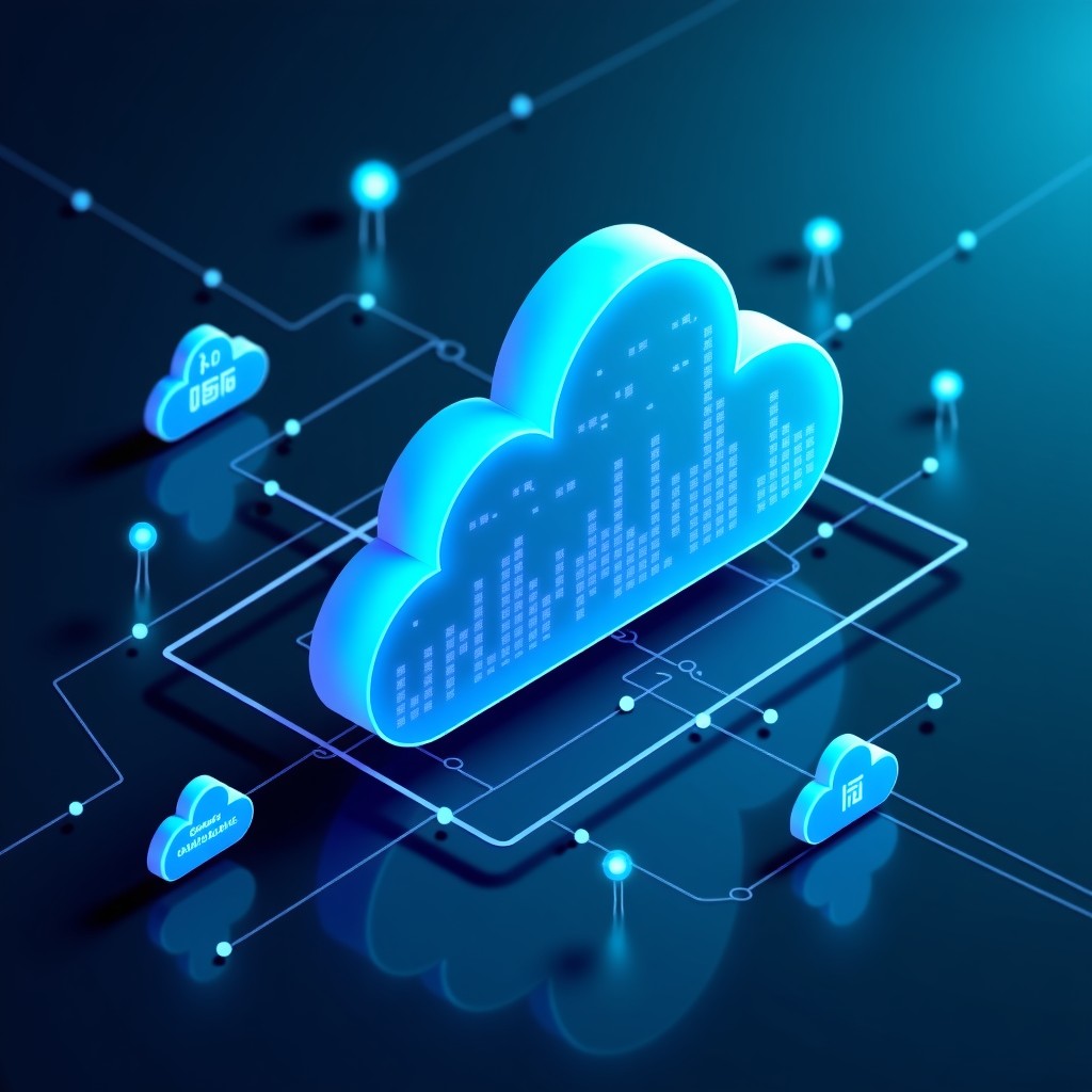 Visualization of high tech cloud computing network with floating data nodes and glowing connections, cyan and dark blue color palette, clean infographic style, 1:1
