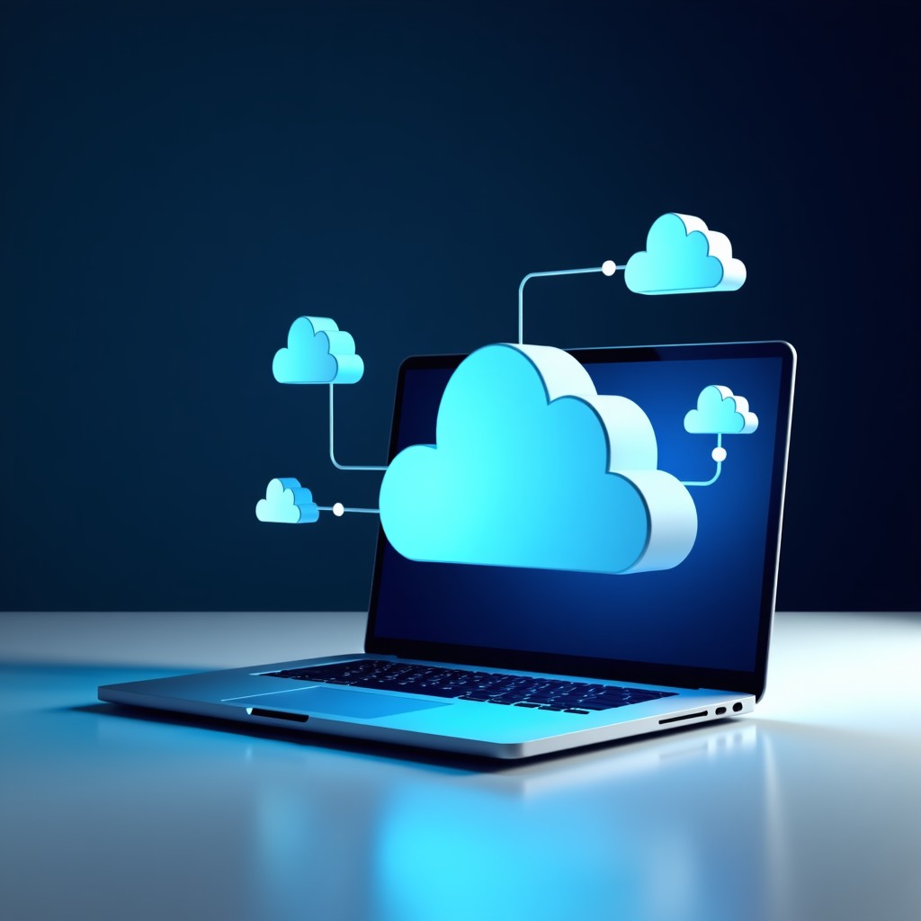 A modern digital workspace with cloud computing icons floating above a laptop, sleek blue and white color palette, professional atmosphere, high contrast. 16:9