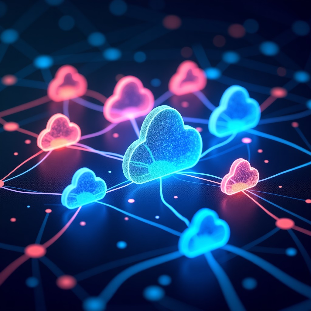 Abstract representation of multiple cloud provider logos integrated into a global digital network, vibrant colors, professional business technology style, 4:3