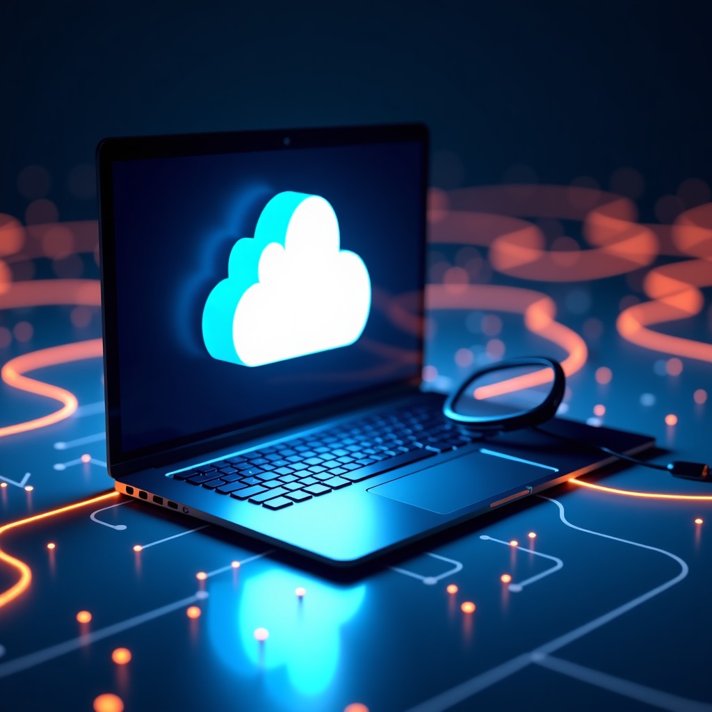 An abstract 3D visualization of data packets moving from a laptop toward a cloud icon, with a magnifying glass hovering over the data stream, dark background with glowing blue and orange lights, high tech feel, 4:3