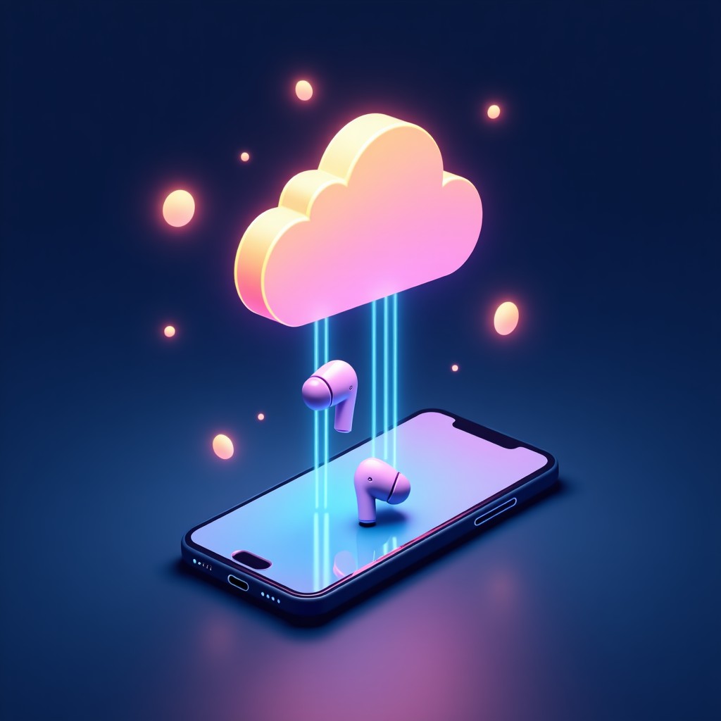 A conceptual illustration of a smartphone and a pair of wireless earbuds connecting to a glowing network cloud. Clean infographic style with high contrast. No text. 4:3