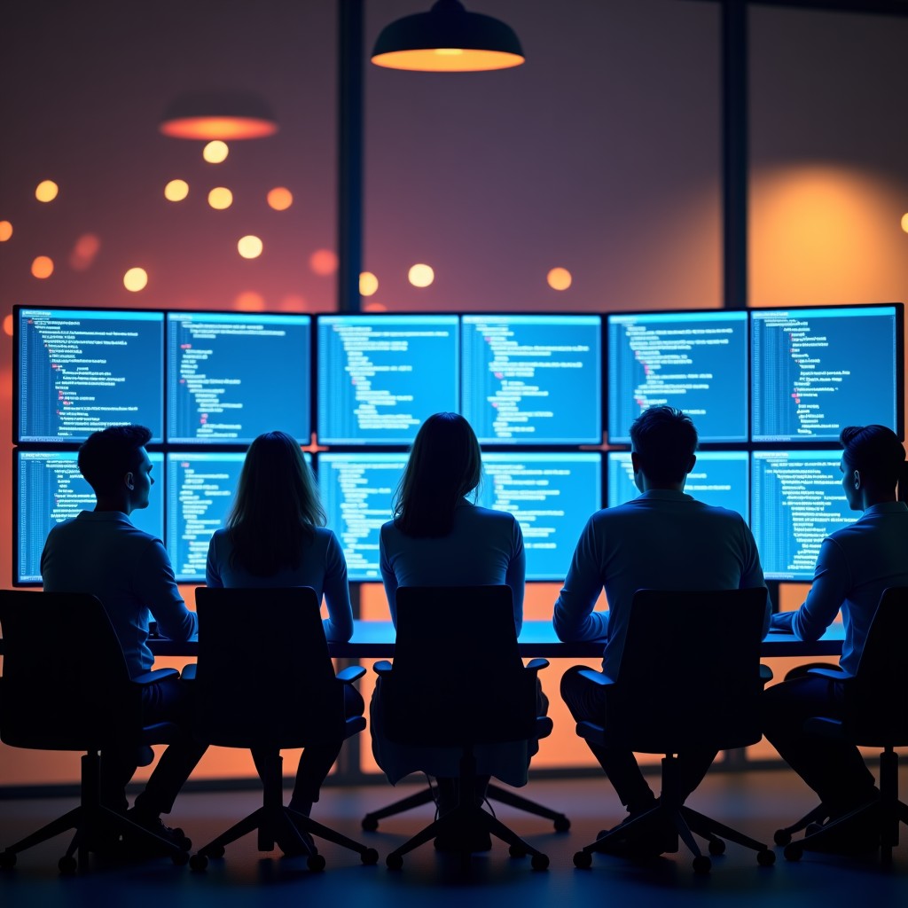 A group of diverse software engineers in a modern tech hub looking at large monitors showing AI code structures. The atmosphere is collaborative and innovative. Warm indoor lighting, 4:3