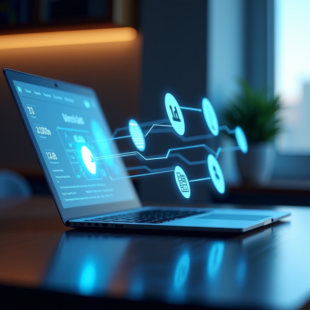 A modern office workstation with a sleek laptop showing a digital AI assistant interface. Subtle glowing lines connect the laptop to floating icons of spreadsheets and documents. High-tech and clean aesthetic. 4:3
