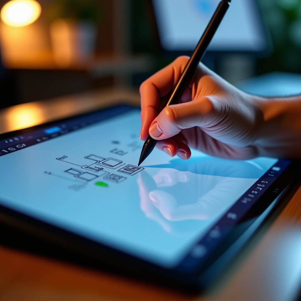 Close up of a designer's hand using a stylus on a drawing tablet, 2D animation timeline visible on screen, warm studio lighting, realistic professional environment, 4:3