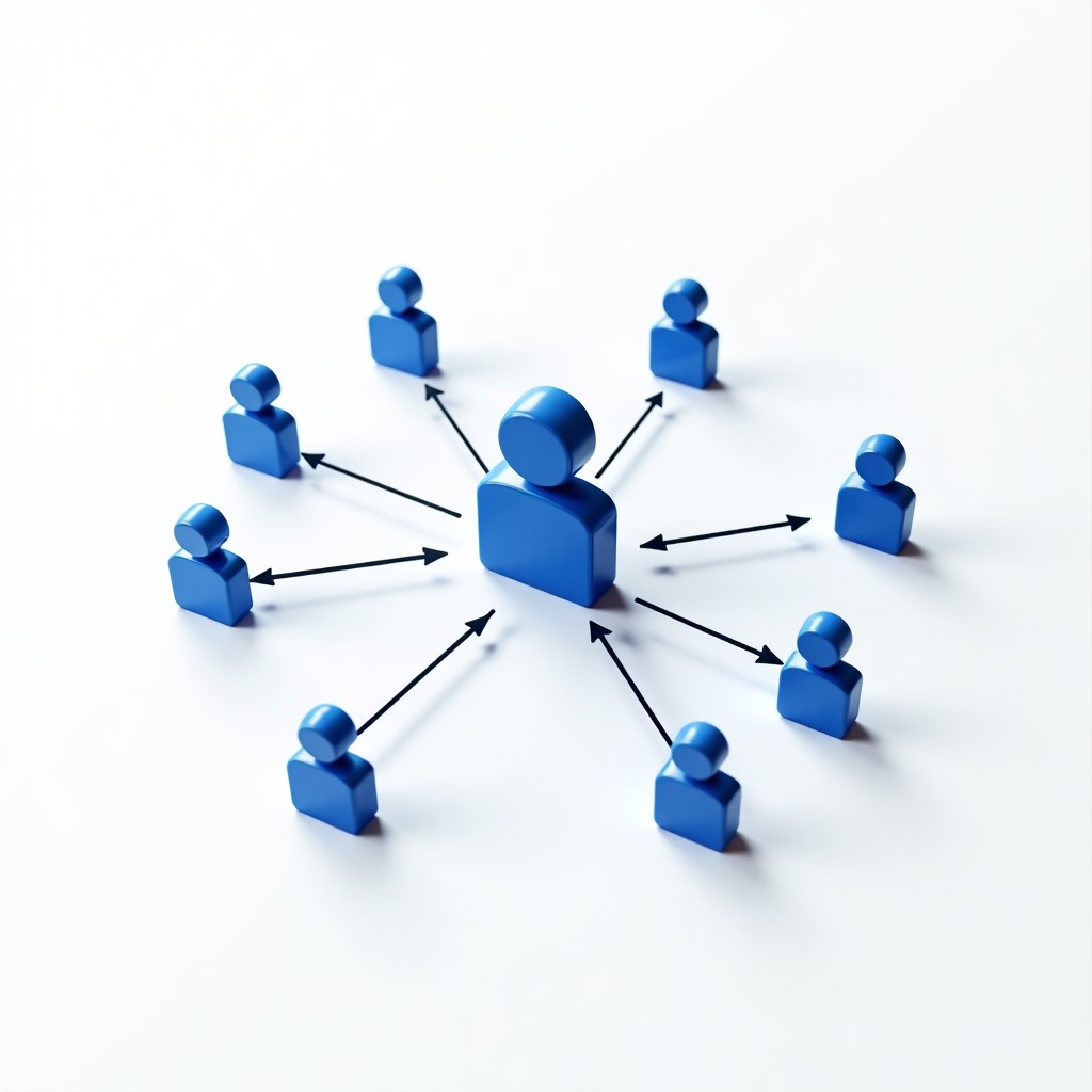 A minimalist illustration of a decentralized network connecting various user nodes in a clean white and blue theme, high contrast, 4:3