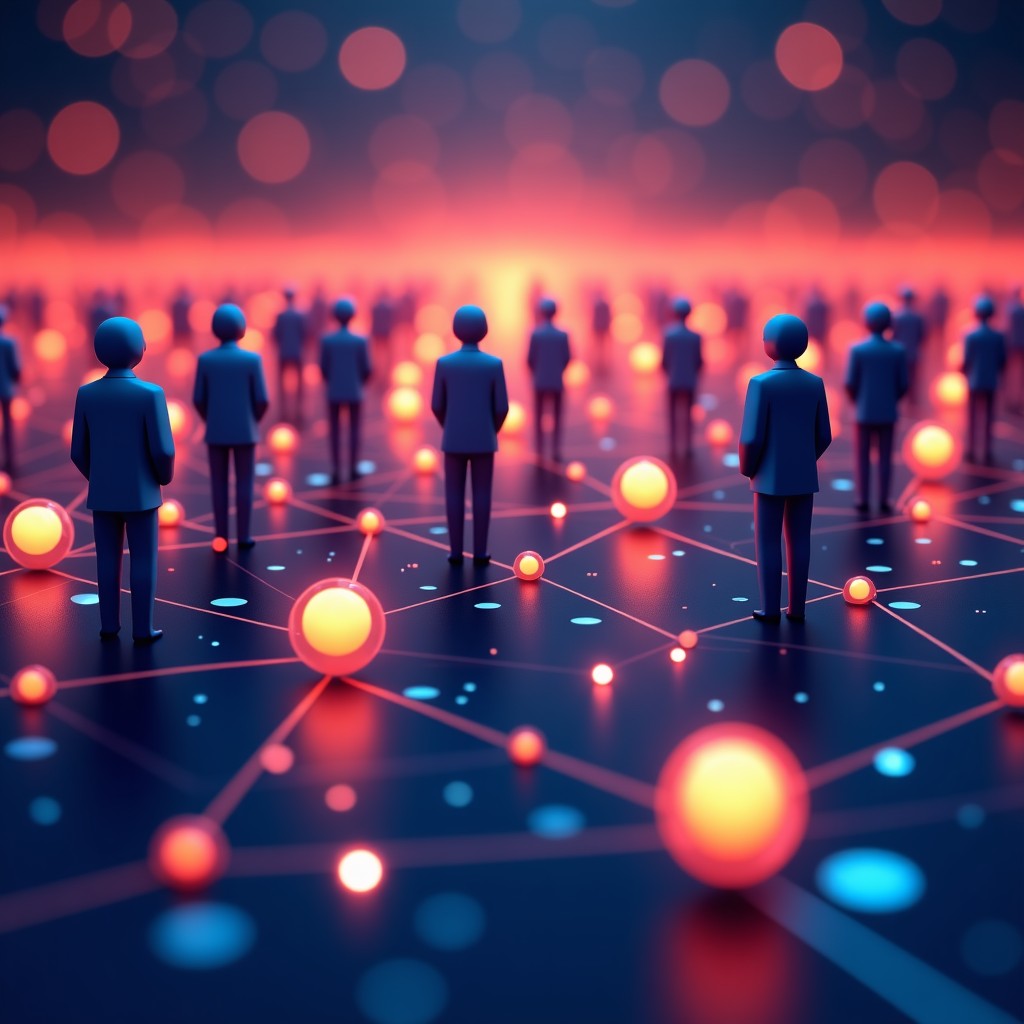 Digital illustration of a diverse group of people connected by glowing nodes in a decentralized network, representing a modern social media landscape, vibrant colors, tech-oriented style, high contrast. 4:3