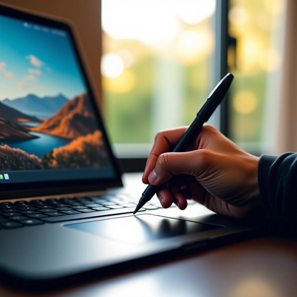 Close-up of a designer hands using a professional digital stylus pen on a high-resolution graphics tablet. The screen shows detailed photo retouching of a landscape with intricate light and shadow adjustments. Natural daylight from a nearby window creates a warm and productive atmosphere. 1:1