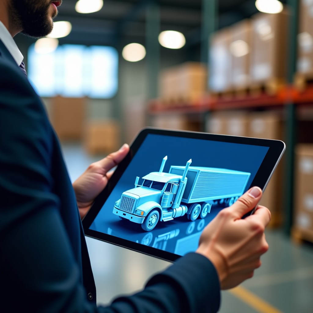 A realistic close-up shot of a professional logistics manager using a tablet screen that displays a complex 3D digital twin of a trucking fleet. The background shows a blurred modern warehouse interior. Natural warm indoor lighting, 4:3 aspect ratio.
