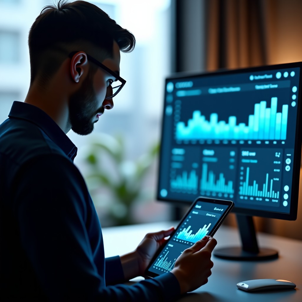 A person looking at a digital dashboard of tech stock trends and innovation metrics on a tablet, soft indoor lighting, professional and realistic atmosphere, 1:1