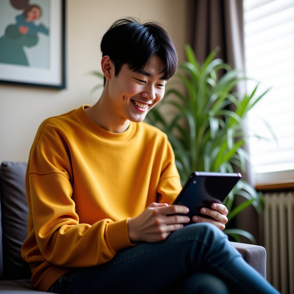 A confident and happy young Korean musician sitting in a cozy studio and looking at earnings data on a tablet, natural expression, modern interior, 4:3