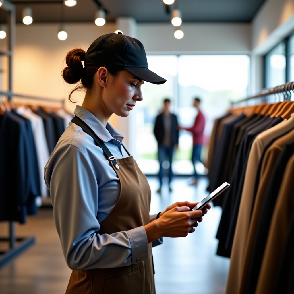 A retail worker using a tablet computer to manage inventory in a clean modern clothing store, natural daylight, professional atmosphere, 4:3