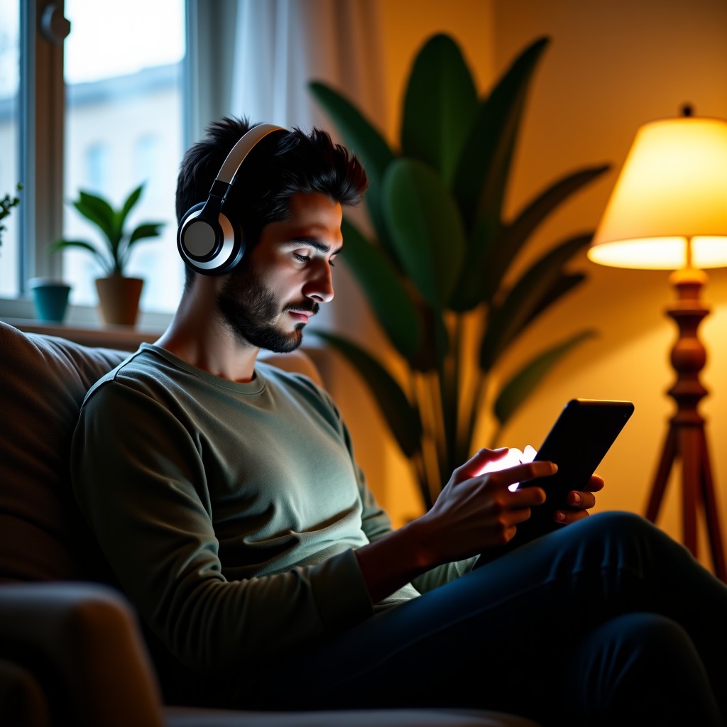 A person sitting in a cozy, well-lit living room with plants, wearing headphones and using a tablet to listen to a podcast. Cinematic lighting, realistic lifestyle photography. 4:3