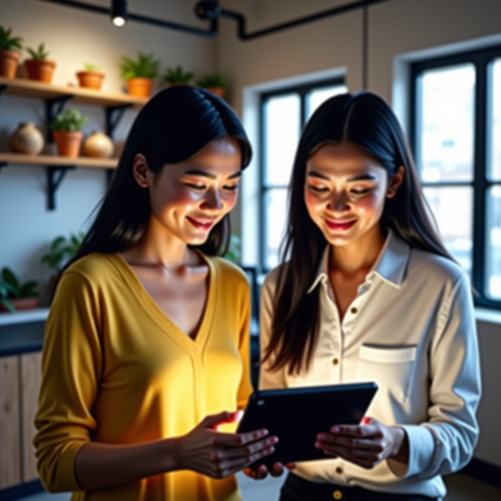 Two Asian colleagues in a stylish office pantry discussing work while looking at a tablet screen together. The lighting is soft and natural. Professional yet comfortable atmosphere. No text. 4:3