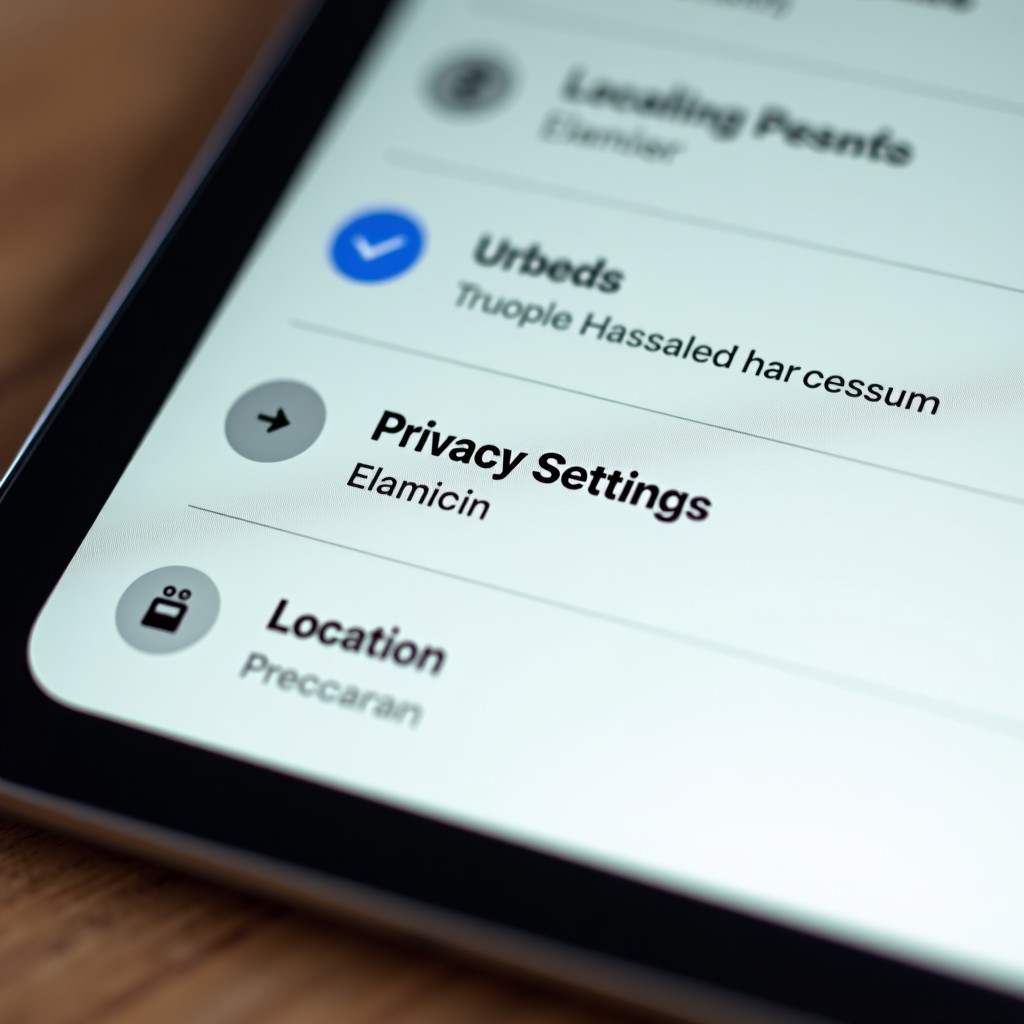 A close up of a tablet screen showing a privacy settings menu with a toggle for limiting location precision, clean professional interface, high contrast, 4:3