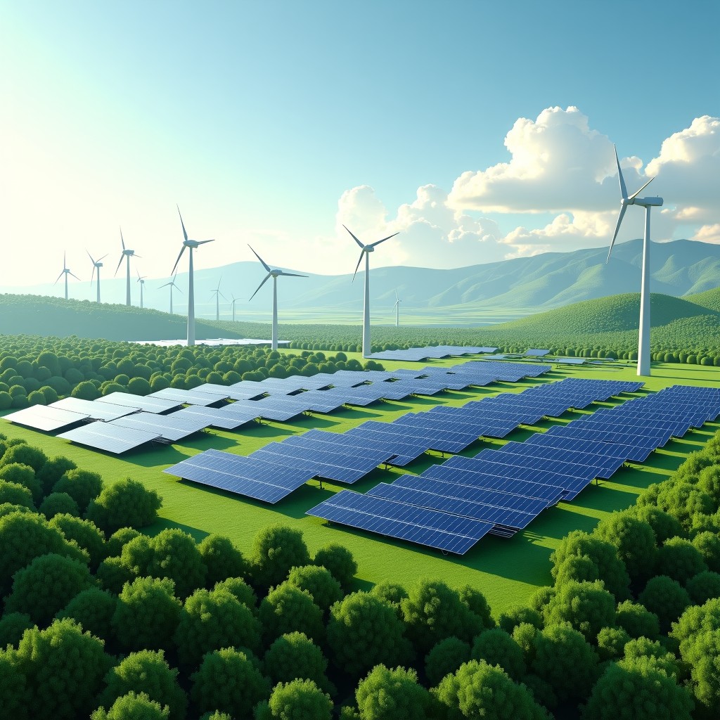 A futuristic sustainable data center surrounded by a vast field of solar panels and wind turbines, green environment, bright daylight, 4:3