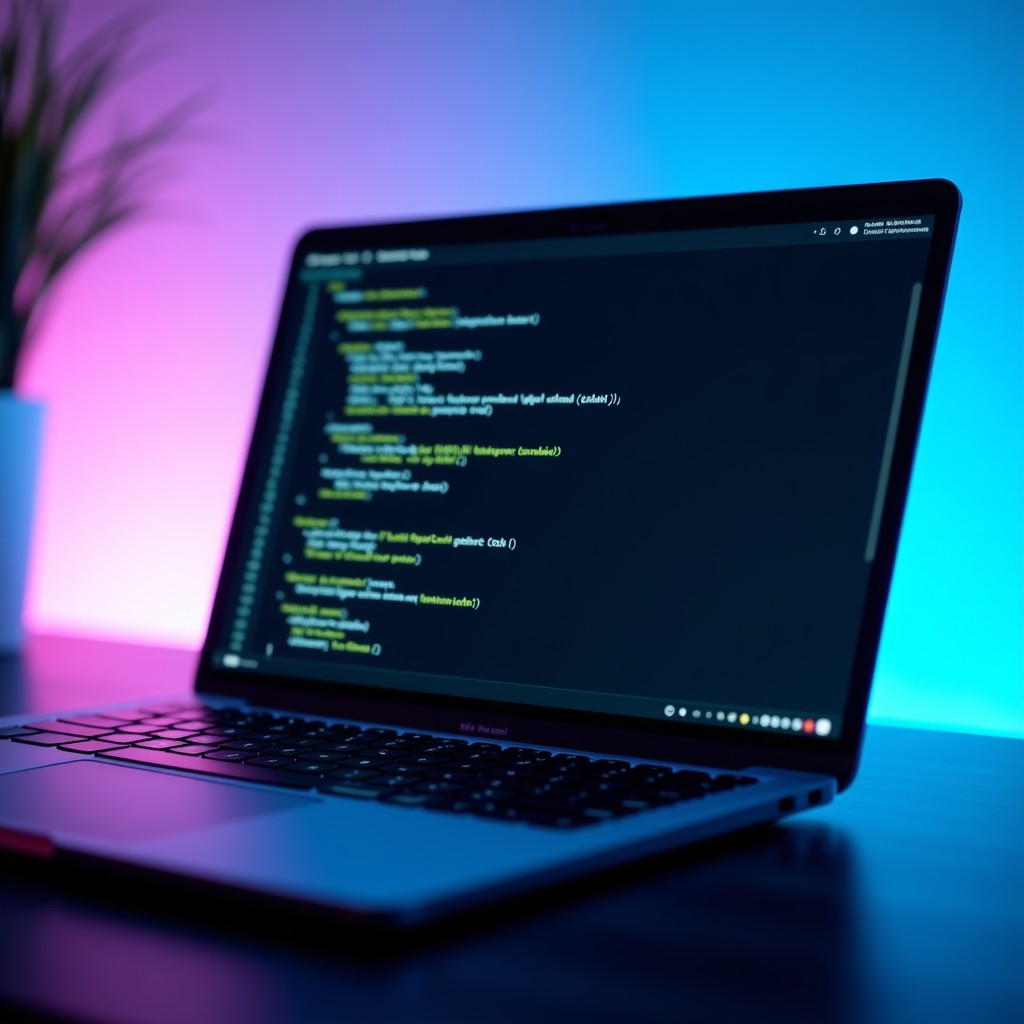 A sleek and modern terminal interface on a high-end laptop screen, showing lines of code being automatically generated, soft blue and purple ambient lighting, professional developer workspace environment, cinematic depth of field. 4:3