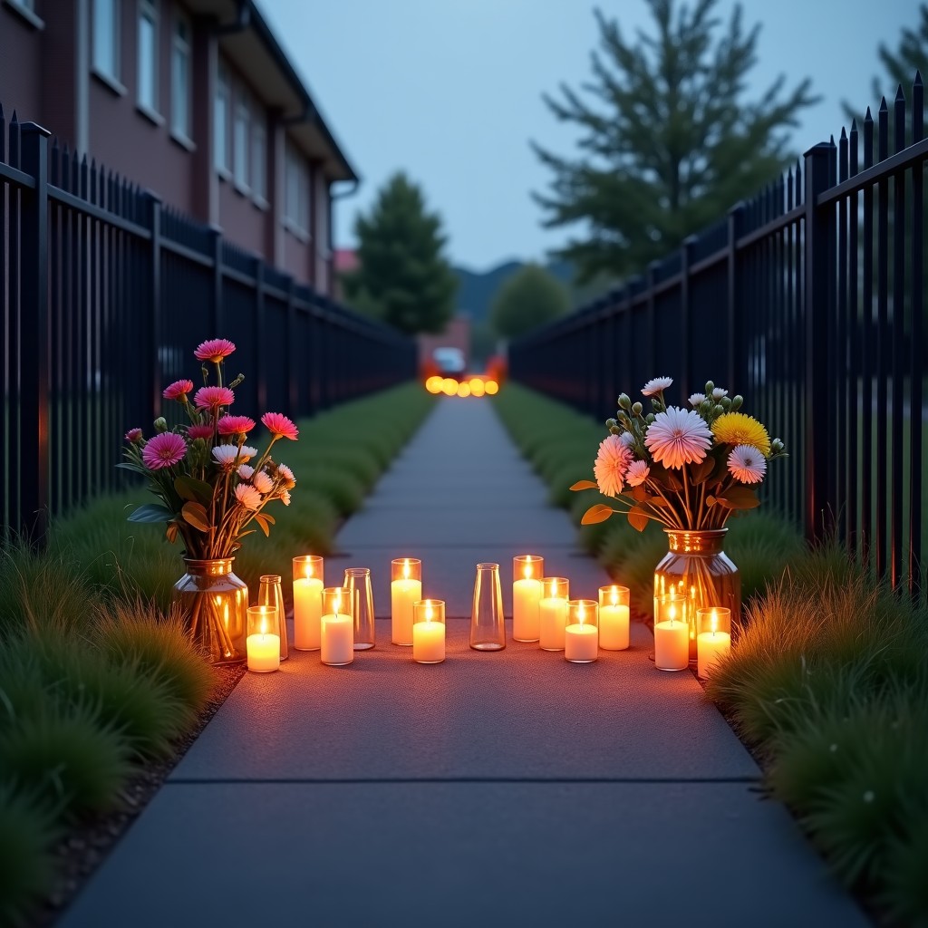 A somber makeshift memorial at a school entrance with flowers and candles, gray sky, realistic photo style, 4:3
