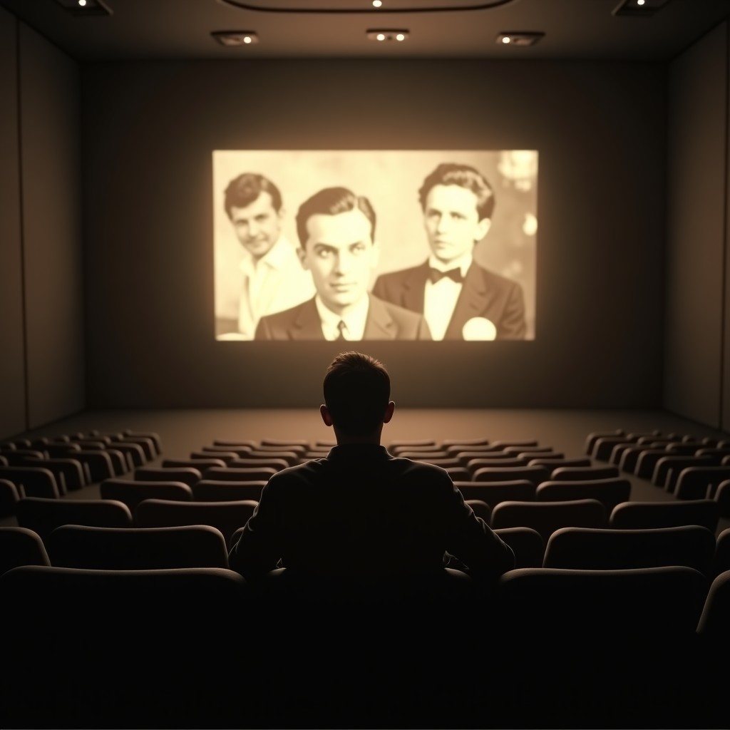 An empty vintage theater from the 1940s with a single person sitting in the shadows looking at a glowing screen that shows blurred classic actors. Melancholic and artistic atmosphere, 4:3.