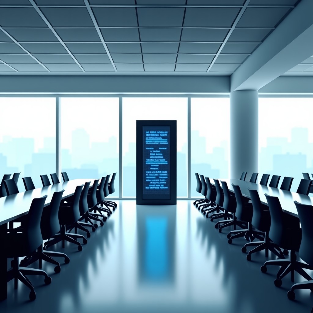 A modern minimalist office with many empty desks and chairs, a large glowing server rack in the center representing AI agents taking over human tasks, soft natural light from large windows, professional photography style, 4:3