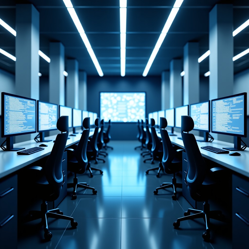 A futuristic high-tech AI research laboratory with several empty ergonomic chairs and glowing computer screens showing complex code cinematic lighting modern office interior 4:3