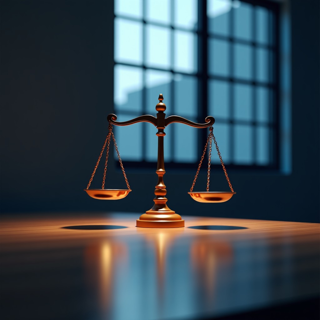 A high-quality conceptual image of two large technology companies in a legal dispute. A symbolic representation of a courtroom scale balanced between 3D design software elements and modern AI video interface. Professional lighting, high contrast, cinematic atmosphere, 4:3.
