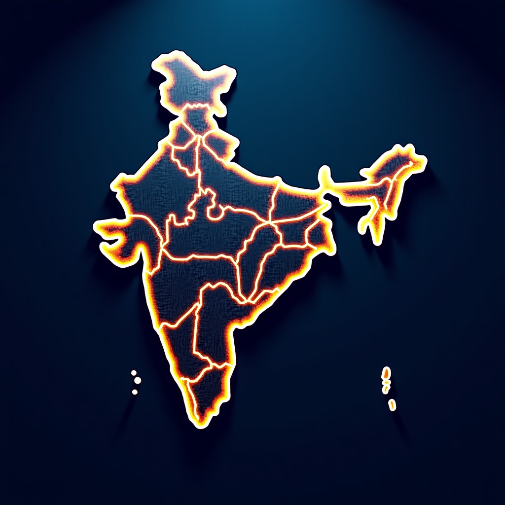 A conceptual illustration of India map integrated with digital circuits and glowing tech company logos, dark blue background with gold accents, high contrast, clean professional layout, 4:3