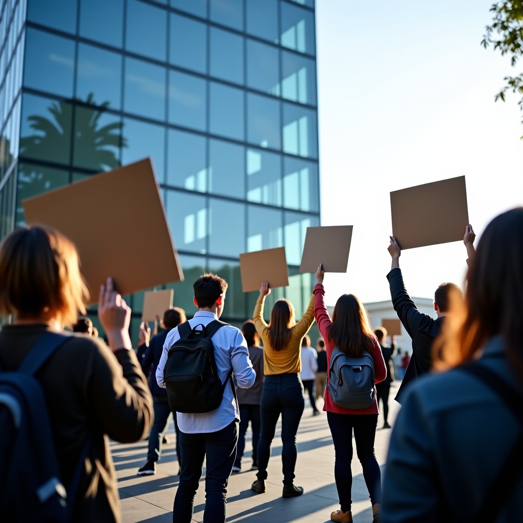 A group of diverse office workers and activists holding signs and protesting in front of a modern glass tech headquarters building, natural daylight, realistic photography style, 4:3