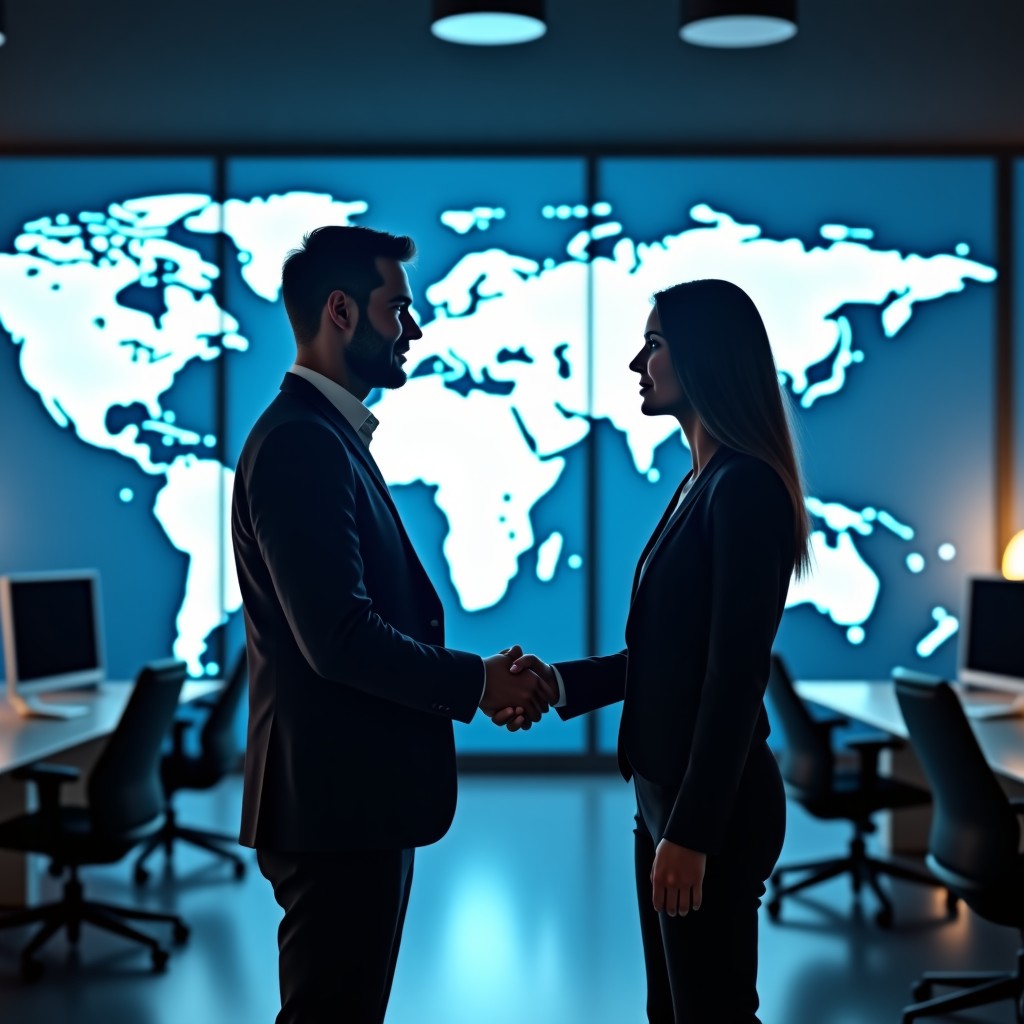 Two professional individuals shaking hands in a futuristic high-tech office with a holographic world map showing global data connections in the background. Natural lighting. 4:3