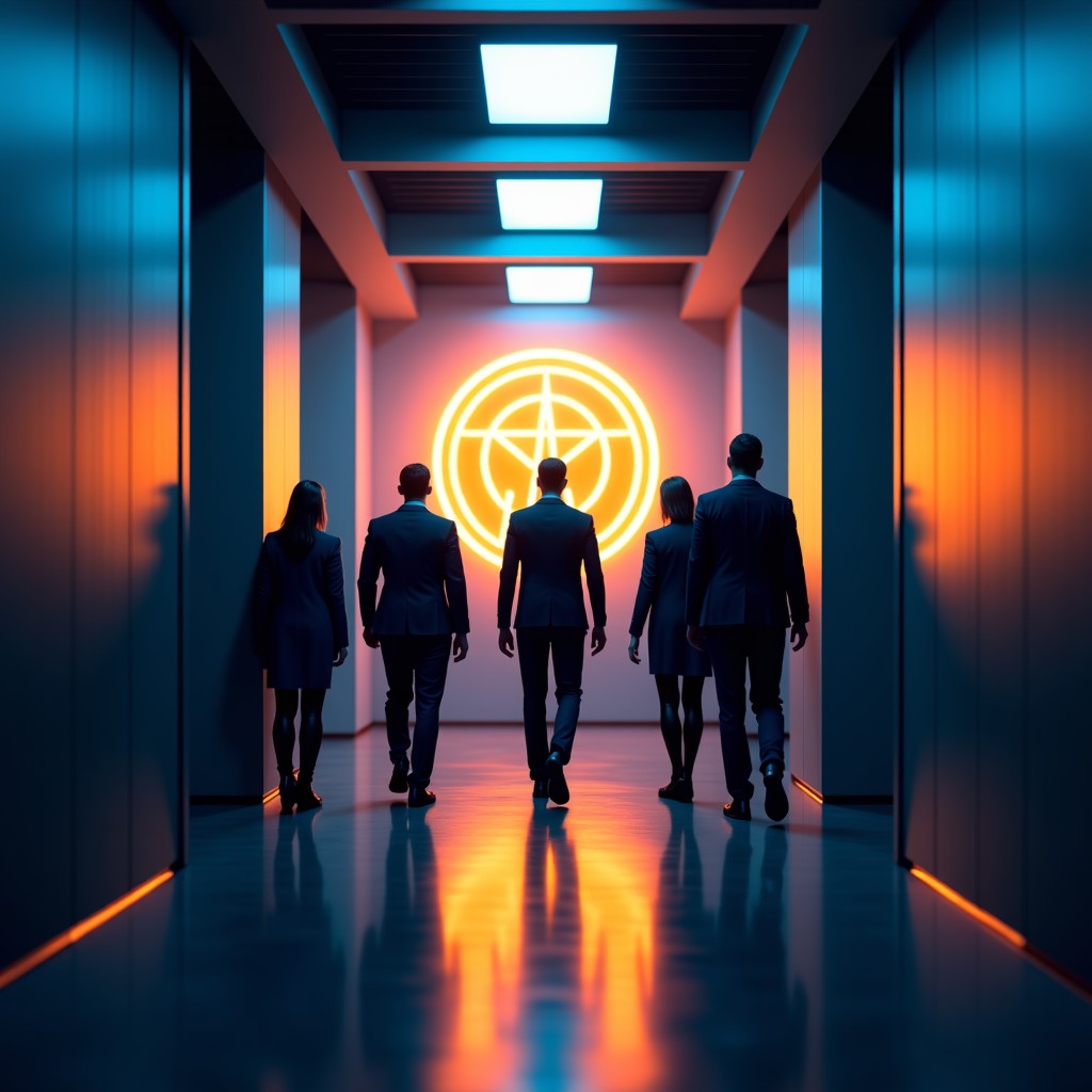A high-tech office environment with a sense of transition and movement. Professional engineers walking away from a glowing futuristic logo representing a tech firm. Moody blue and orange lighting, high contrast, cinematic atmosphere. 4:3