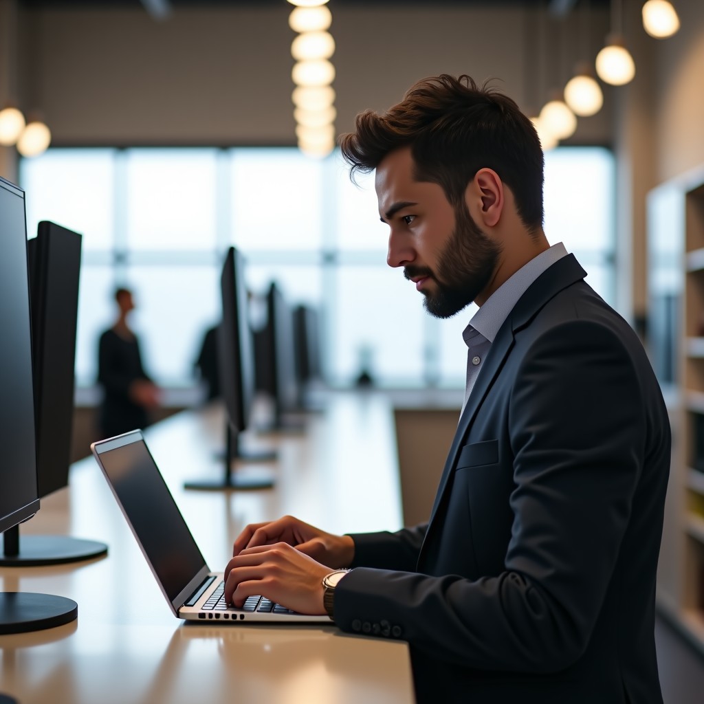 A professional person in business casual attire looking at a slim laptop in a bright modern electronics store. Neutral colors clean minimalist interior natural lighting. 4:3