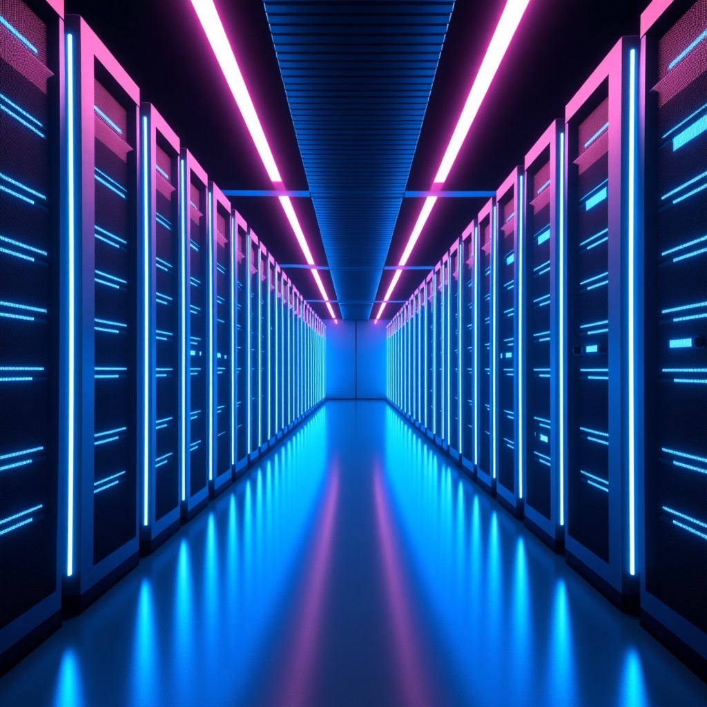 A futuristic high-tech data center with glowing blue and purple light paths representing artificial intelligence flowing through server racks. The atmosphere is professional and sophisticated. No text. 4:3