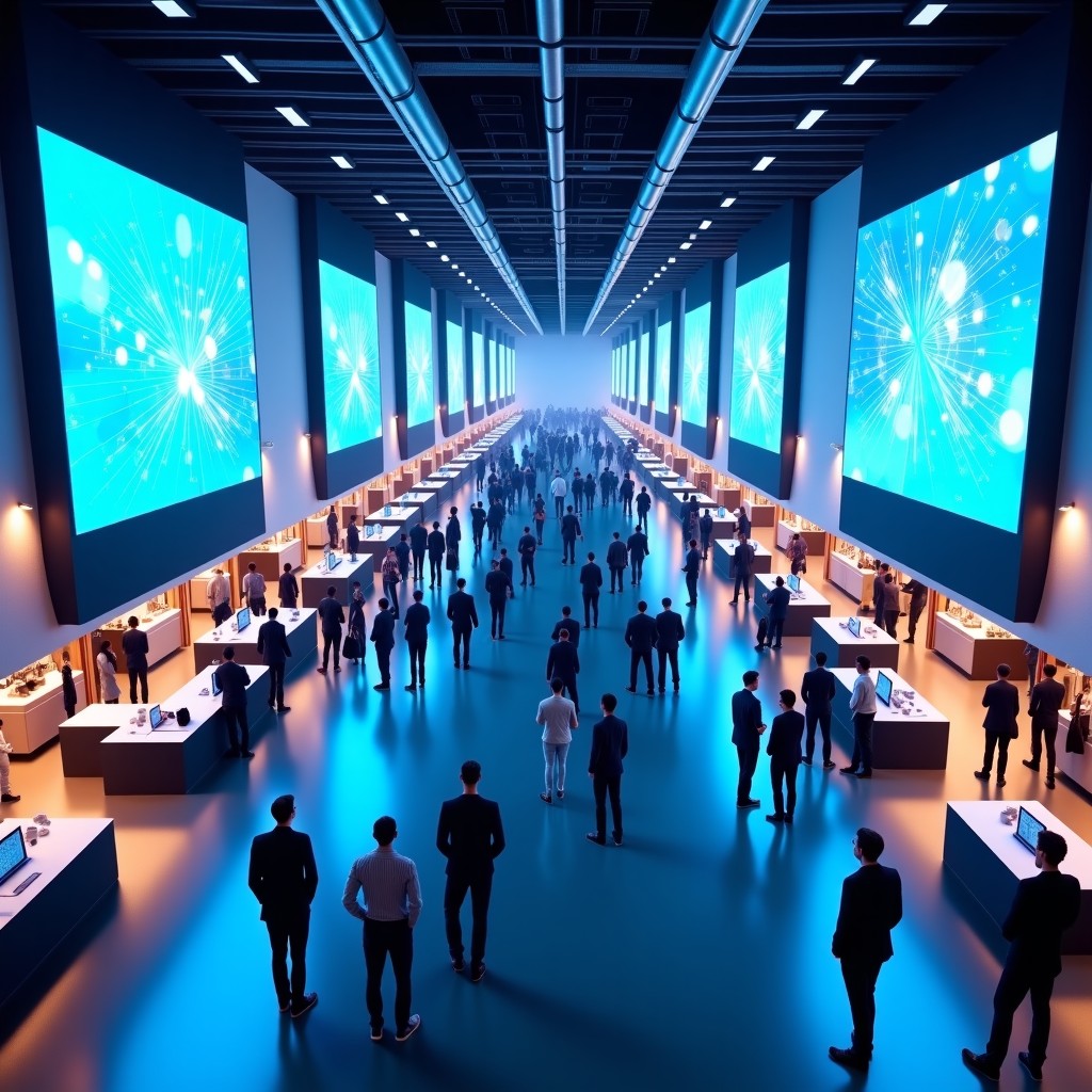 A high-angle shot of a bustling technology conference hall with modern booths, large digital screens showing abstract tech patterns, and diverse professionals networking in a bright, futuristic convention center. 4:3