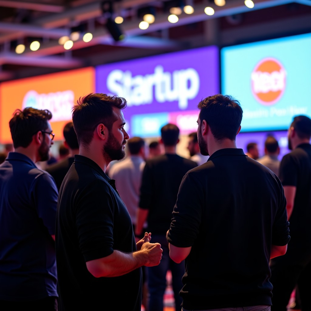 A high-energy startup conference scene in Boston, professional founders and investors engaging in deep conversations, modern tech event branding visible in the background, natural indoor lighting, 4:3