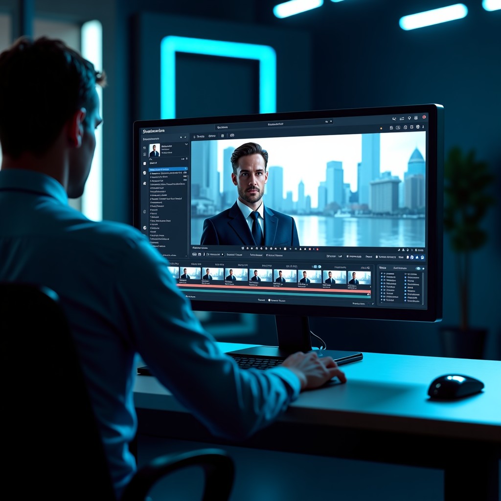 A futuristic digital video editing interface showing hyper-realistic AI-generated cinematic clips of actors on a high-tech screen, professional studio lighting, sleek dark aesthetic, 1:1