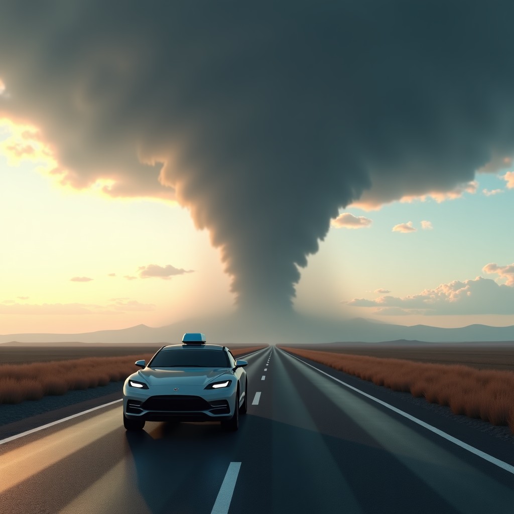 A Waymo robotaxi on a lonely stretch of highway with a massive photorealistic tornado appearing in the distance, dramatic lighting, detailed 3D environment simulation style, 4:3