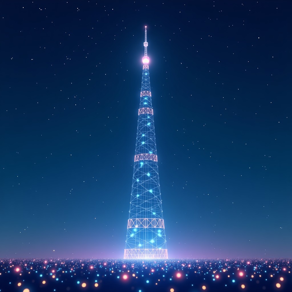 A sleek 5G telecommunication tower reaching into a night sky filled with glowing data nodes and interconnected neural network patterns, representing advanced AI network infrastructure, professional tech illustration. 4:3