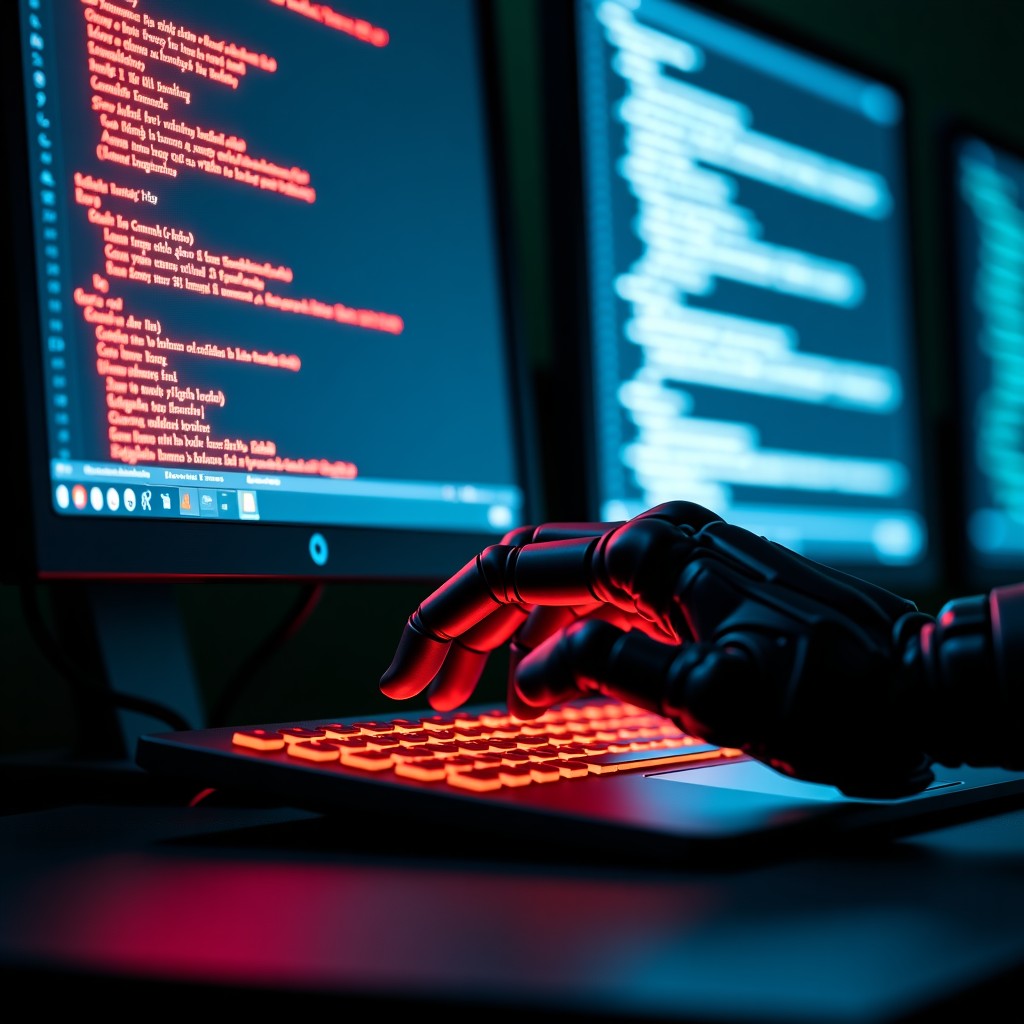 A close up of a computer screen showing multiple error messages and a red warning sign with a robotic hand reaching towards a keyboard, dark dramatic lighting, digital glitch effects, 4:3