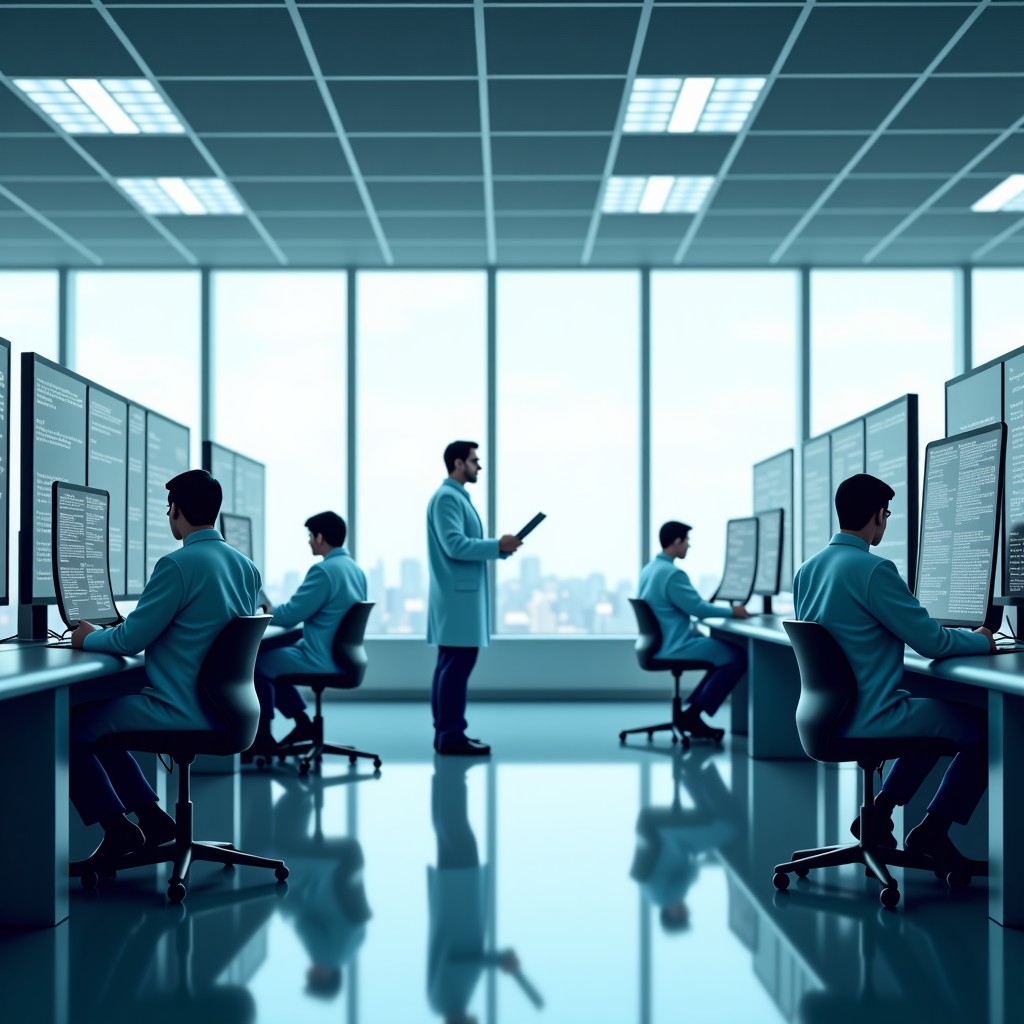 A bright and clean laboratory setting with scientists monitoring AI safety protocols on transparent screens, natural daylight through large windows, hopeful and ethical atmosphere, 4:3